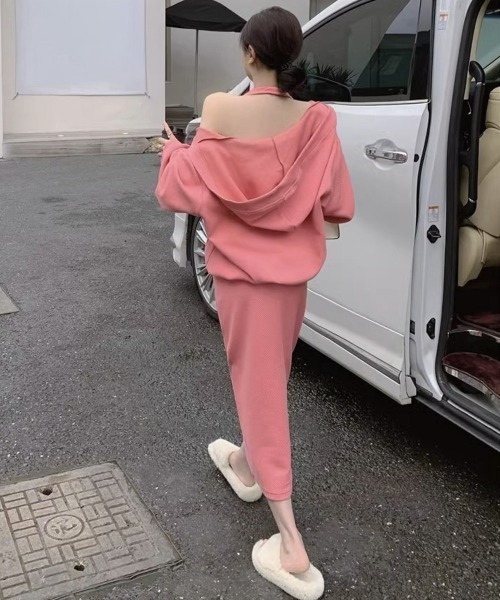 Miniministore（ミニミニストア）の「薄手スウェット上下春夏セットアップ韓国風（ワンピース・レディース・ブラック/ピンク・FREE）」の4枚目の写真