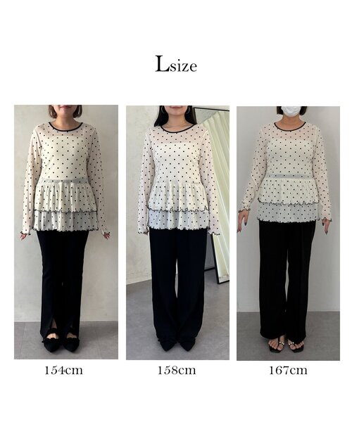 prose verse（プロズヴェール）の「フロッキードットシアーフリルペプラムトップス（Tシャツ/カットソー・レディース・ブラック/アイボリー・LARGE/MEDIUM）」の4枚目の写真