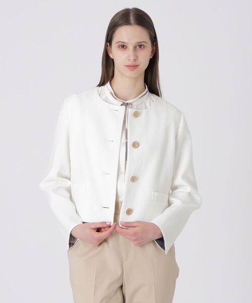 BLUE LABEL CRESTBRIDGE(ブルーレーベルクレストブリッジ)の「ストレッチダンガリーノーカラージャケット(ノーカラージャケット・レディース・ブラック/オフホワイト・38/36)」の1枚目の写真
