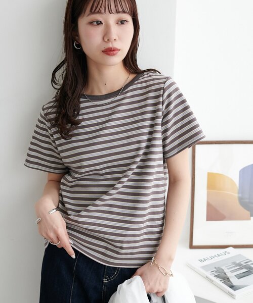 DISCOAT(ディスコート)の「マルチボーダー5分袖(Tシャツ/カットソー・レディース・ブラック/グレー/ライトベージュ/ライトグレー/ブルー・FREE)」の4枚目の写真