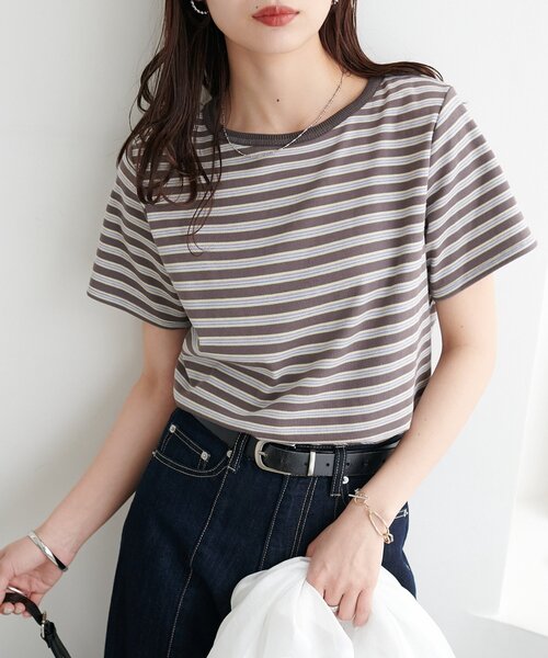 DISCOAT(ディスコート)の「マルチボーダー5分袖(Tシャツ/カットソー・レディース・ブラック/グレー/ライトベージュ/ライトグレー/ブルー・FREE)」の6枚目の写真