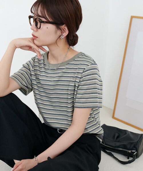 DISCOAT(ディスコート)の「マルチボーダー5分袖(Tシャツ/カットソー・レディース・ブラック/グレー/ライトベージュ/ライトグレー/ブルー・FREE)」の17枚目の写真