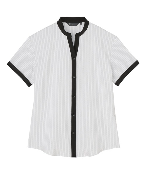 TOKYO SHIRTS(トウキョウシャツ)の「【吸水速乾】【COFREX】配色 スキッパー衿 ブラウス 半袖 レディースデザインシャツ(シャツ/ブラウス・レディース・グレー・LL/XL/L/M/S)」の1枚目の写真