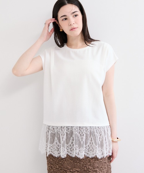 le cercle ADAM ET ROPE'(ルセルクルアダムエロペ)の「レースコンビカットソー(Tシャツ/カットソー・レディース・ホワイト/グレー/ブラック・FREE)」の1枚目の写真