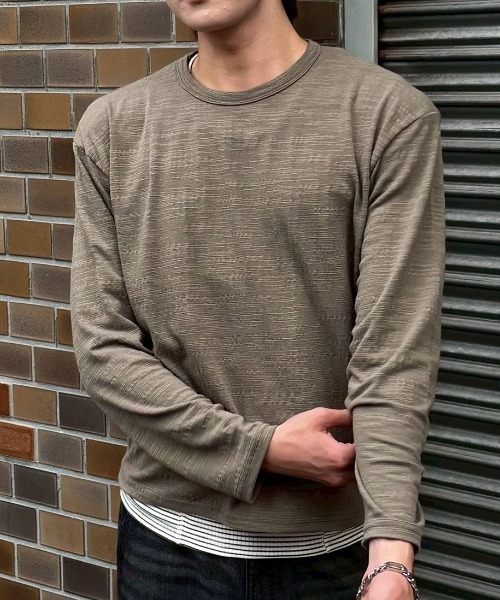 Chikashitsu +(チカシツプラス)の「【Chikashitsu +】cropped slub long sleeve tee / 【チカシツプラス】クロップドスラブ長袖Tシャツ(Tシャツ/カットソー・メンズ・ネイビー/カーキ/アイボリー/ブラック・ONE SIZE)」の1枚目の写真