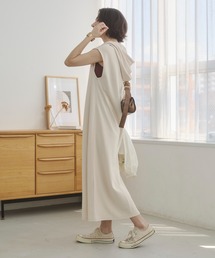フード付き ポンチ ノースリーブ ロング ワンピース / パーカーワンピース / 夏服