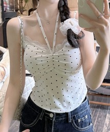 レース×ドットリボンキャミ カップ付き