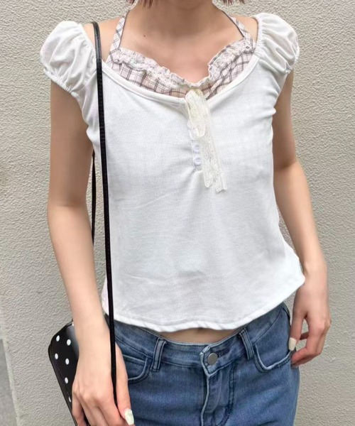 mebole(メボレ)の「チェック柄ツーピーストップス(Tシャツ/カットソー・レディース・グレー/ホワイト・FREE)」の2枚目の写真