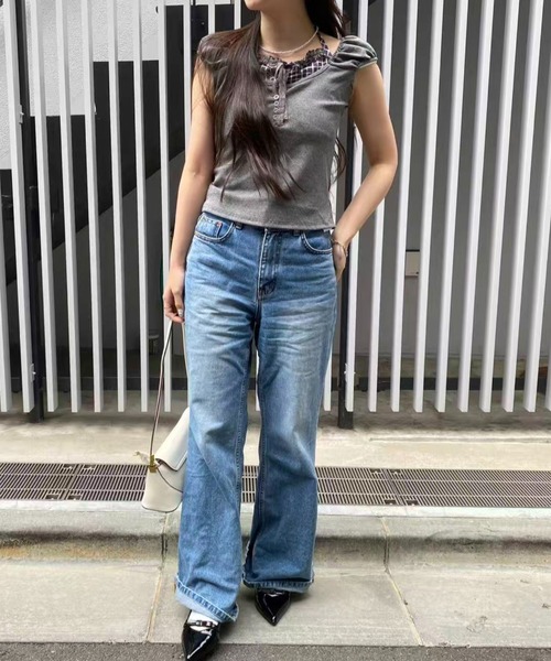 mebole(メボレ)の「チェック柄ツーピーストップス(Tシャツ/カットソー・レディース・グレー/ホワイト・FREE)」の12枚目の写真