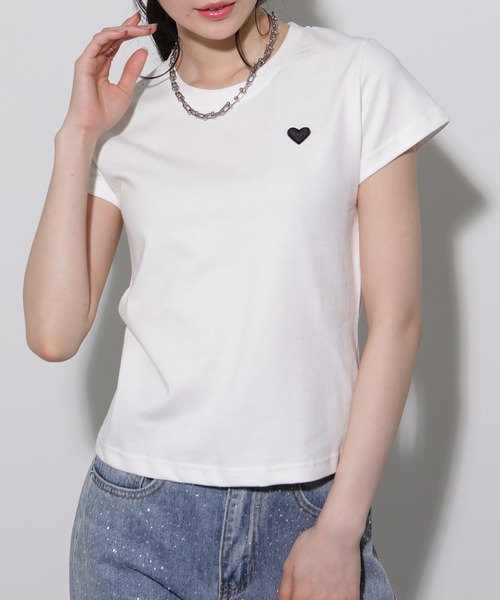 pumpkin port(パンプキンポート)の「ハート刺繍半袖Tシャツ(Tシャツ/カットソー・レディース・ブラック/レッド/ホワイト×ブラック・M)」の2枚目の写真