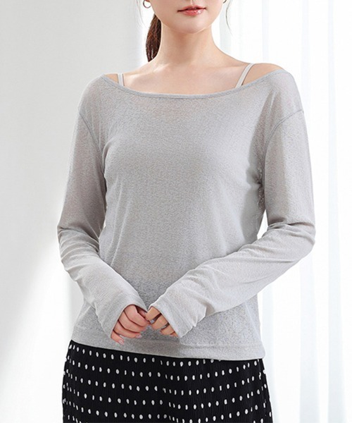ONEP STAR(ワンピスター)の「シアーボートネック長袖ニットソー(Tシャツ/カットソー・レディース・ライトブルー/ホワイト/ライトイエロー/グリーン/ブラック/ピンク/グレー/グレイッシュベージュ・FREE)」の3枚目の写真