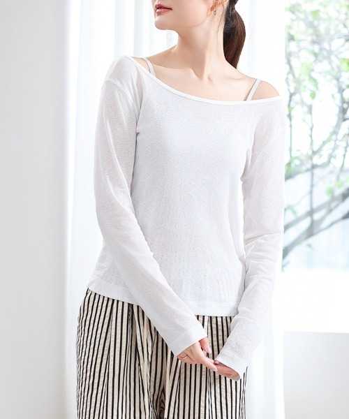 ONEP STAR(ワンピスター)の「シアーボートネック長袖ニットソー(Tシャツ/カットソー・レディース・ライトブルー/ホワイト/ライトイエロー/グリーン/ブラック/ピンク/グレー/グレイッシュベージュ・FREE)」の1枚目の写真