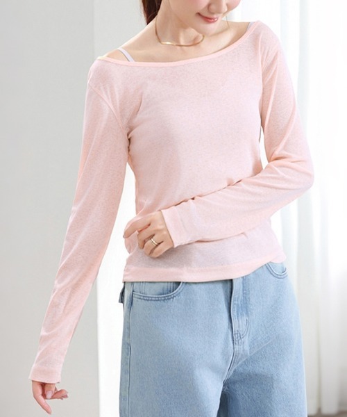 ONEP STAR(ワンピスター)の「シアーボートネック長袖ニットソー(Tシャツ/カットソー・レディース・ライトブルー/ホワイト/ライトイエロー/グリーン/ブラック/ピンク/グレー/グレイッシュベージュ・FREE)」の8枚目の写真