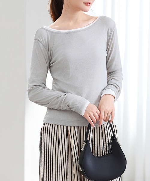 ONEP STAR(ワンピスター)の「シアーボートネック長袖ニットソー(Tシャツ/カットソー・レディース・ライトブルー/ホワイト/ライトイエロー/グリーン/ブラック/ピンク/グレー/グレイッシュベージュ・FREE)」の21枚目の写真