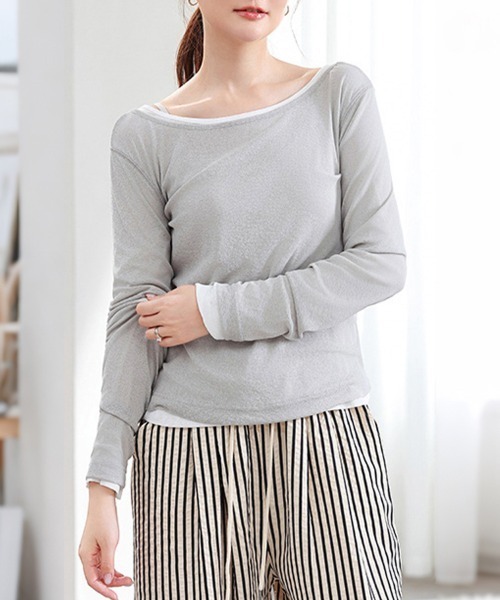 ONEP STAR(ワンピスター)の「シアーボートネック長袖ニットソー(Tシャツ/カットソー・レディース・ライトブルー/ホワイト/ライトイエロー/グリーン/ブラック/ピンク/グレー/グレイッシュベージュ・FREE)」の20枚目の写真