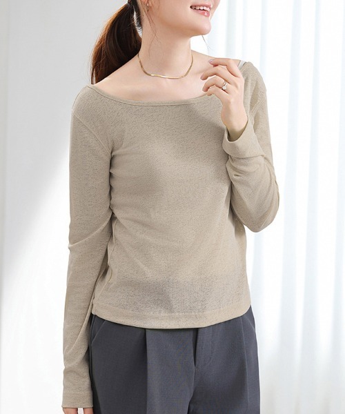ONEP STAR(ワンピスター)の「シアーボートネック長袖ニットソー(Tシャツ/カットソー・レディース・ライトブルー/ホワイト/ライトイエロー/グリーン/ブラック/ピンク/グレー/グレイッシュベージュ・FREE)」の19枚目の写真