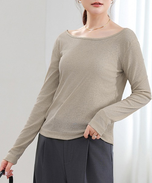 ONEP STAR(ワンピスター)の「シアーボートネック長袖ニットソー(Tシャツ/カットソー・レディース・ライトブルー/ホワイト/ライトイエロー/グリーン/ブラック/ピンク/グレー/グレイッシュベージュ・FREE)」の18枚目の写真