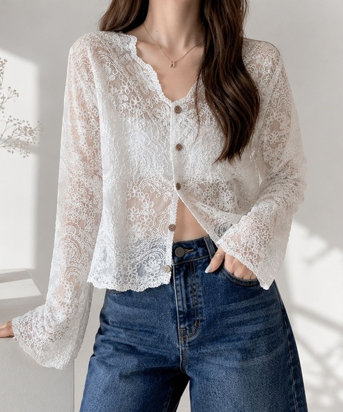 Amulet（アミュレット）の「羽織るだけで、ぐっと華やぐ。 シアーレースカーディガン（カーディガン/ボレロ・レディース・ベージュ・FREE）」の10枚目の写真