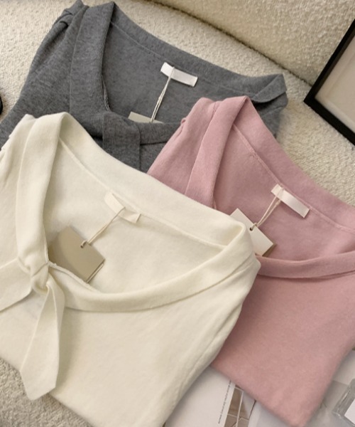 LUCPY(ラクピー)の「リボンVネックリブトップス(その他トップス・レディース・グレー/ピンク/ホワイト・SMALL/MEDIUM/LARGE)」の6枚目の写真
