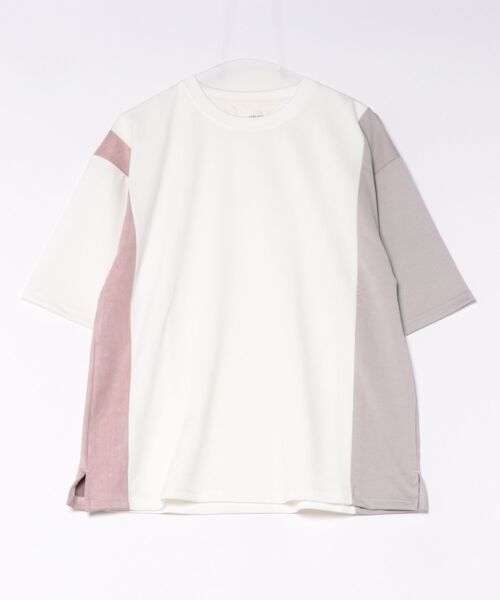 ATELANE(アテレーン)の「/ATELANE/ポンチ+スエードポンチ サイド切り替え半袖TEE(Tシャツ/カットソー・メンズ・ホワイト/チャコールグレー・MEDIUM/LARGE)」の1枚目の写真