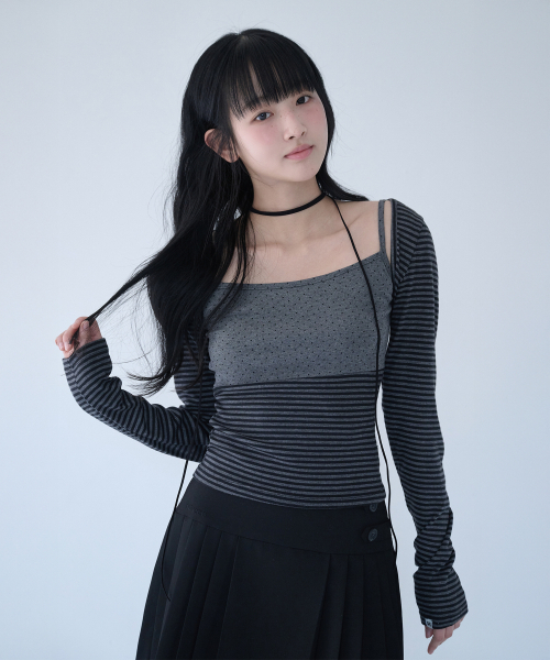 MIRECO(ミレコ)の「MIXED PATTERN CAMI & BOLERO SET CHARCOAL(Tシャツ/カットソー・レディース・その他・FREE)」の1枚目の写真