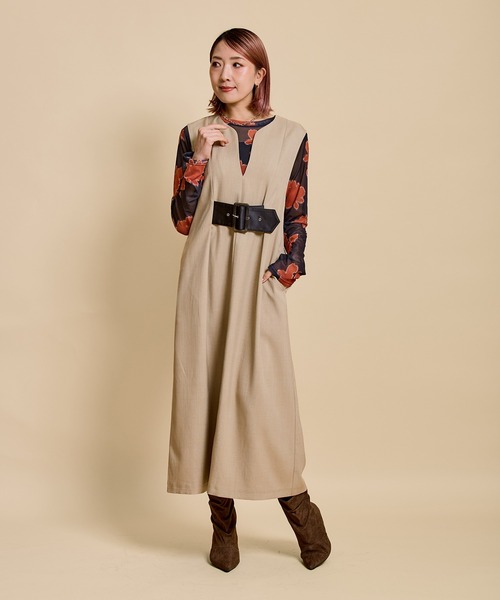 LHELBIE（レルビエ）の「ベルテッドジャンスカ（ジャンパースカート・レディース・キャメル/グレイッシュベージュ/ブラック・M）」の10枚目の写真