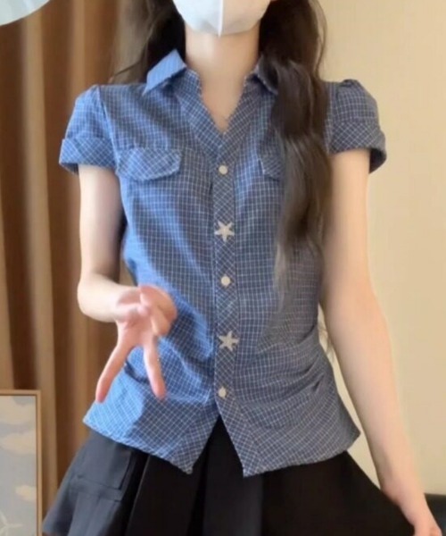 Ritzy(リッツィー)の「チェック・星ボタン半袖シャツ(シャツ/ブラウス・レディース・ブルー・MEDIUM/LARGE)」の3枚目の写真