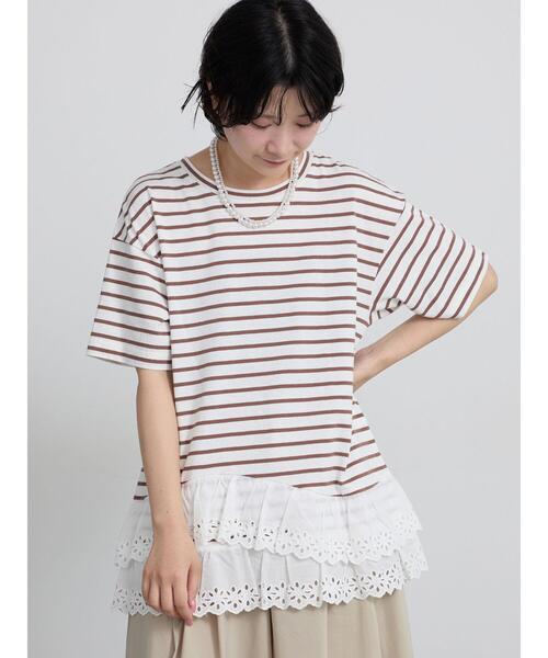 Samansa Mos2(サマンサ モスモス)の「【接触冷感】裾レースボーダーTシャツ(Tシャツ/カットソー・レディース・グリーン/ブラック/ブラウン・F)」の2枚目の写真