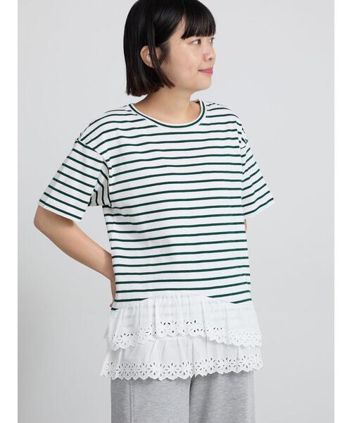 Samansa Mos2(サマンサ モスモス)の「【接触冷感】裾レースボーダーTシャツ(Tシャツ/カットソー・レディース・グリーン/ブラック/ブラウン・F)」の3枚目の写真