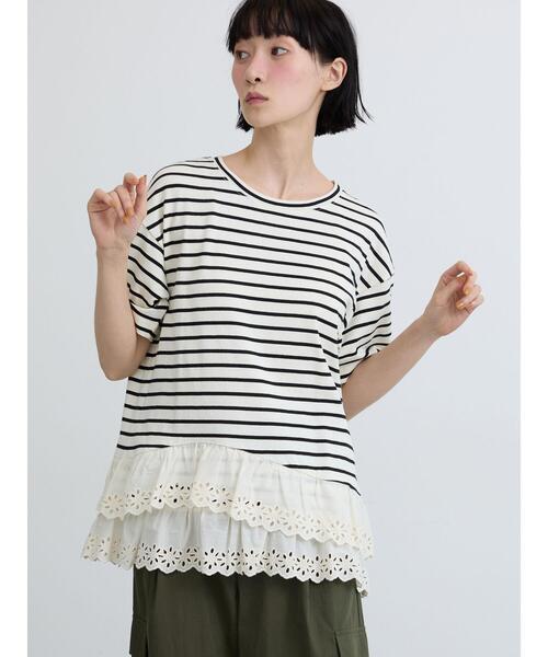 Samansa Mos2(サマンサ モスモス)の「【接触冷感】裾レースボーダーTシャツ(Tシャツ/カットソー・レディース・グリーン/ブラック/ブラウン・F)」の1枚目の写真