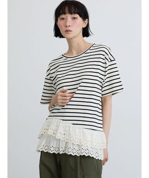 Samansa Mos2(サマンサ モスモス)の「【接触冷感】裾レースボーダーTシャツ(Tシャツ/カットソー・レディース・グリーン/ブラック/ブラウン・F)」の4枚目の写真
