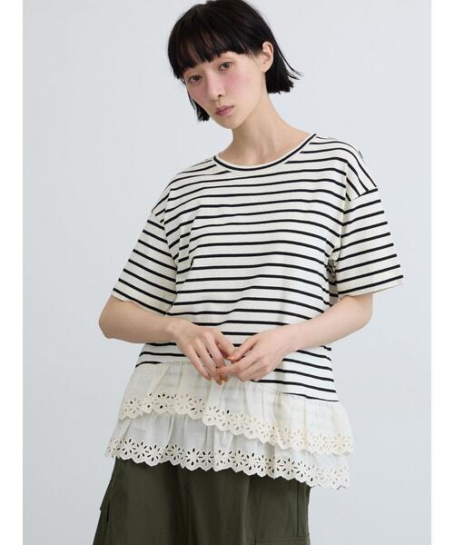 Samansa Mos2(サマンサ モスモス)の「【接触冷感】裾レースボーダーTシャツ(Tシャツ/カットソー・レディース・グリーン/ブラック/ブラウン・F)」の5枚目の写真