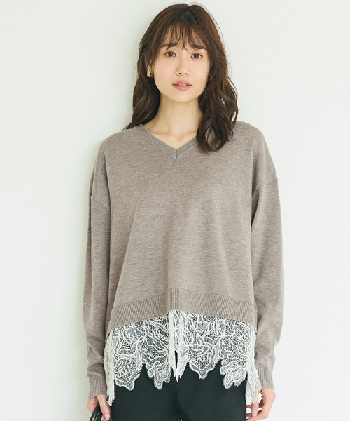 coca（coca）（コカ）の「レースドッキングニットトップス（ニット/セーター・レディース・チャコール/グレイッシュベージュ・L/M）」の2枚目の写真
