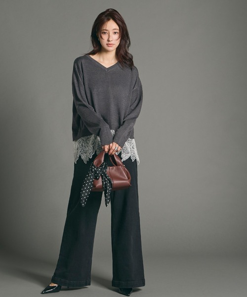 coca（coca）（コカ）の「レースドッキングニットトップス（ニット/セーター・レディース・チャコール/グレイッシュベージュ・L/M）」の7枚目の写真
