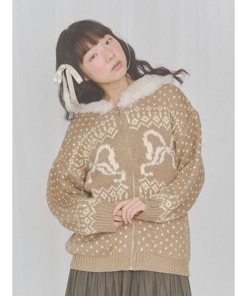 merry jenny(メリージェニー)の「ribbon zip hooded knit(カーディガン/ボレロ・レディース・ブラウン/ピンク/オフホワイト・FREE)」の2枚目の写真