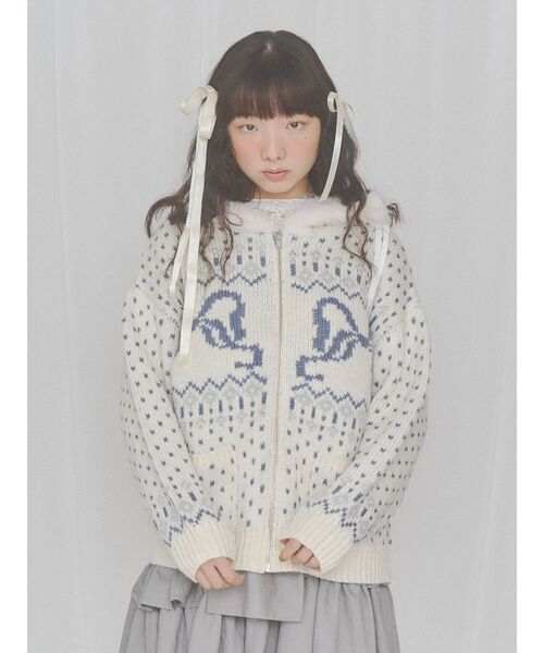 merry jenny(メリージェニー)の「ribbon zip hooded knit(カーディガン/ボレロ・レディース・ブラウン/ピンク/オフホワイト・FREE)」の1枚目の写真