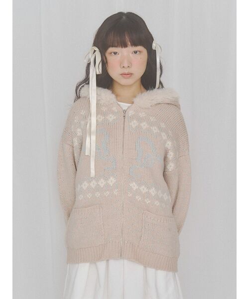 merry jenny(メリージェニー)の「ribbon zip hooded knit(カーディガン/ボレロ・レディース・ブラウン/ピンク/オフホワイト・FREE)」の3枚目の写真