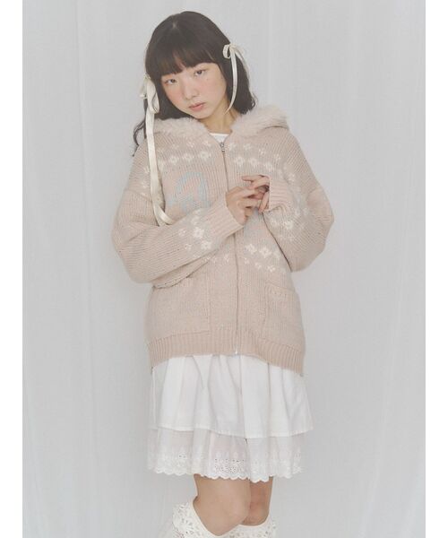 merry jenny(メリージェニー)の「ribbon zip hooded knit(カーディガン/ボレロ・レディース・ブラウン/ピンク/オフホワイト・FREE)」の9枚目の写真