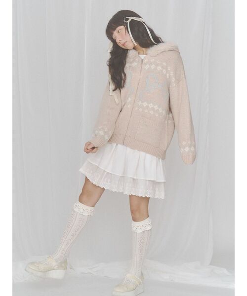 merry jenny(メリージェニー)の「ribbon zip hooded knit(カーディガン/ボレロ・レディース・ブラウン/ピンク/オフホワイト・FREE)」の13枚目の写真