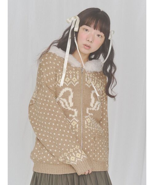merry jenny(メリージェニー)の「ribbon zip hooded knit(カーディガン/ボレロ・レディース・ブラウン/ピンク/オフホワイト・FREE)」の14枚目の写真
