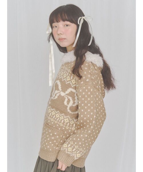 merry jenny(メリージェニー)の「ribbon zip hooded knit(カーディガン/ボレロ・レディース・ブラウン/ピンク/オフホワイト・FREE)」の15枚目の写真