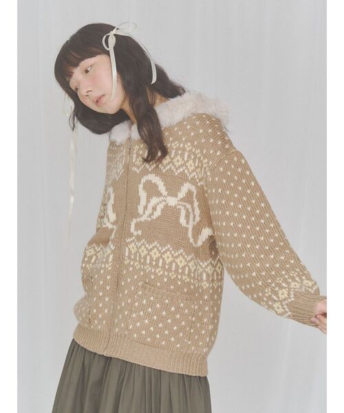 merry jenny(メリージェニー)の「ribbon zip hooded knit(カーディガン/ボレロ・レディース・ブラウン/ピンク/オフホワイト・FREE)」の16枚目の写真