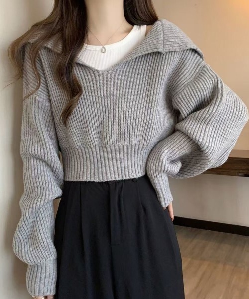 Beststore（ベストストア）の「レイヤード風 ニット トップス クロップド丈 セーラーカラー 重ね着風 ショート丈 リブニット（ニット/セーター・レディース・アイボリー/グレー/グレイッシュベージュ/ブラック・FREE）」の4枚目の写真