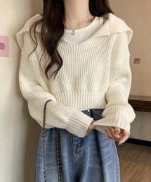 レイヤード風 ニット トップス クロップド丈 セーラーカラー 重ね着風 ショート丈 リブニット