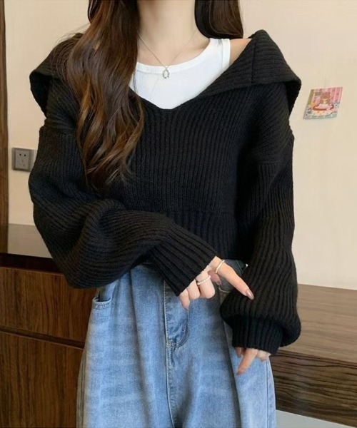 Beststore（ベストストア）の「レイヤード風 ニット トップス クロップド丈 セーラーカラー 重ね着風 ショート丈 リブニット（ニット/セーター・レディース・アイボリー/グレー/グレイッシュベージュ/ブラック・FREE）」の3枚目の写真