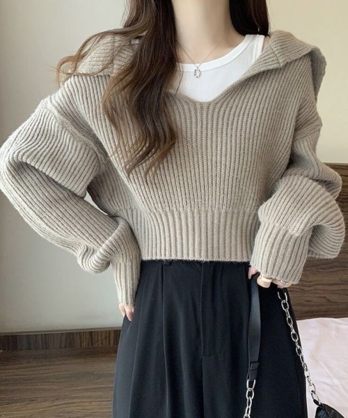 Beststore（ベストストア）の「レイヤード風 ニット トップス クロップド丈 セーラーカラー 重ね着風 ショート丈 リブニット（ニット/セーター・レディース・アイボリー/グレー/グレイッシュベージュ/ブラック・FREE）」の5枚目の写真