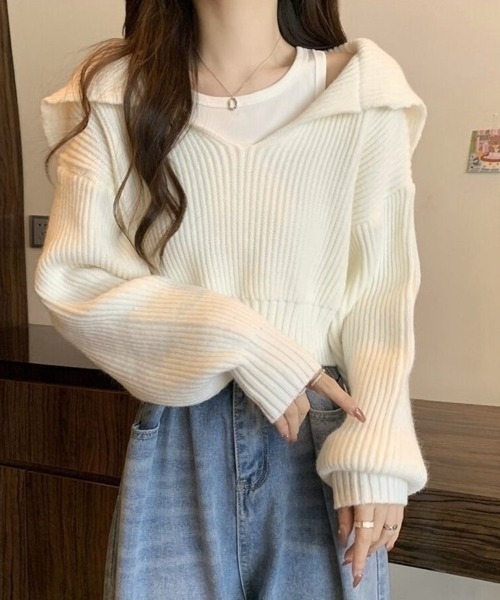 Beststore（ベストストア）の「レイヤード風 ニット トップス クロップド丈 セーラーカラー 重ね着風 ショート丈 リブニット（ニット/セーター・レディース・アイボリー/グレー/グレイッシュベージュ/ブラック・FREE）」の6枚目の写真
