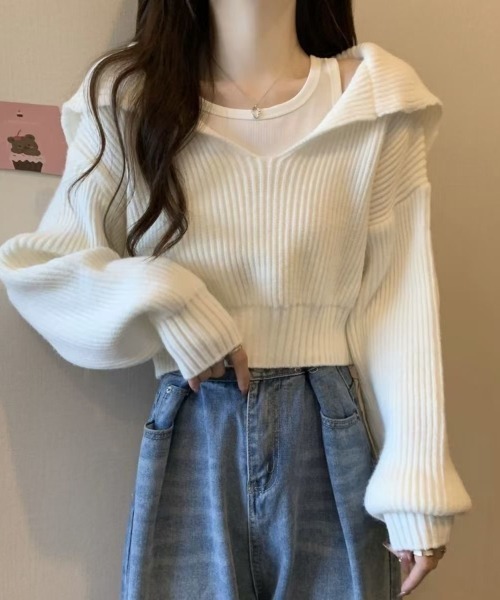 Beststore（ベストストア）の「レイヤード風 ニット トップス クロップド丈 セーラーカラー 重ね着風 ショート丈 リブニット（ニット/セーター・レディース・アイボリー/グレー/グレイッシュベージュ/ブラック・FREE）」の7枚目の写真