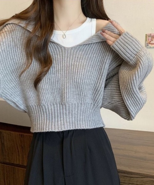 Beststore（ベストストア）の「レイヤード風 ニット トップス クロップド丈 セーラーカラー 重ね着風 ショート丈 リブニット（ニット/セーター・レディース・アイボリー/グレー/グレイッシュベージュ/ブラック・FREE）」の8枚目の写真