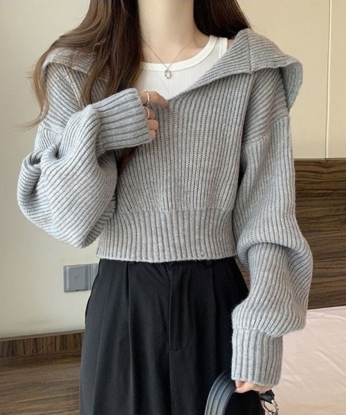 Beststore（ベストストア）の「レイヤード風 ニット トップス クロップド丈 セーラーカラー 重ね着風 ショート丈 リブニット（ニット/セーター・レディース・アイボリー/グレー/グレイッシュベージュ/ブラック・FREE）」の10枚目の写真